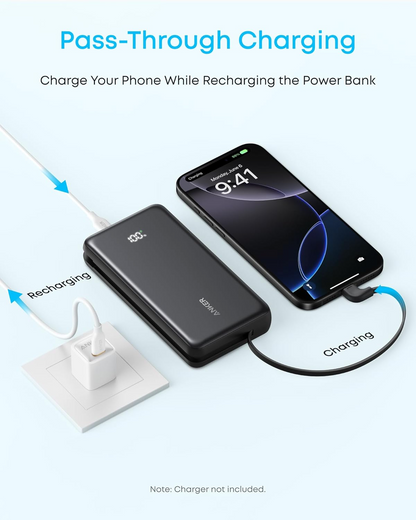 Външна батерия Anker Zolo, 10000mAh, 22.5W, QC + PD, 1 x USB-A - 2 x USB-C, Черна A110DH11