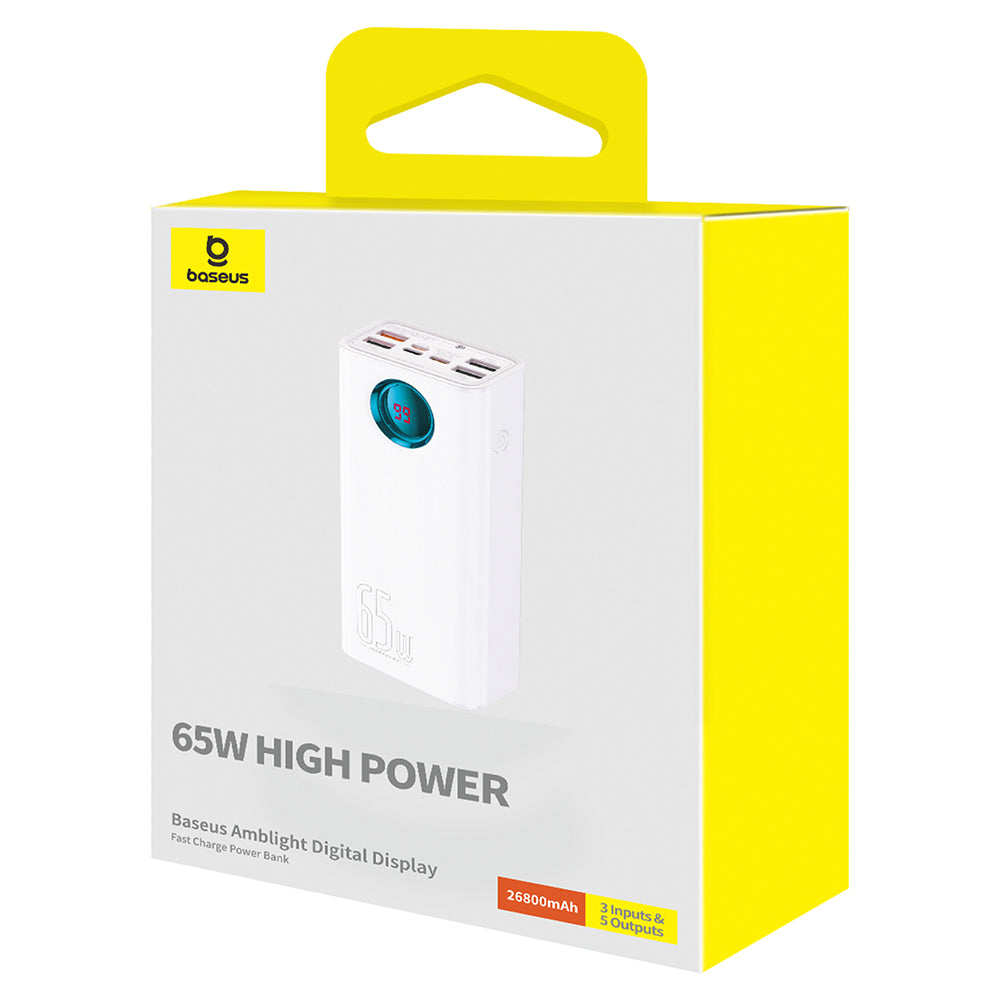 Външна батерия Baseus Amblight Digital Display, 26800mAh, 65W, QC + PD, 1 x USB-C - 4 x USB-A, Бяла P10022402223-00