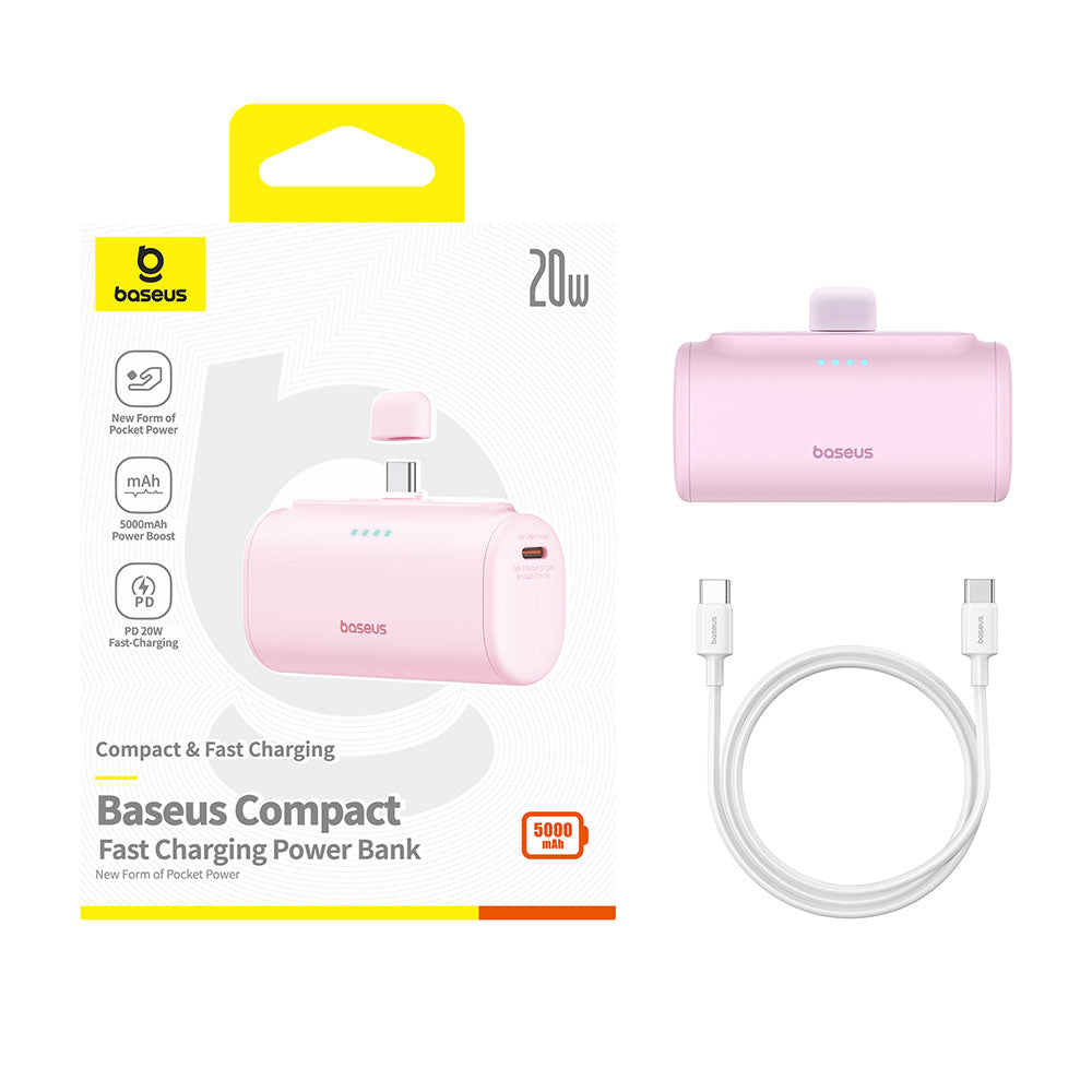 Външна батерия Baseus Compact, 5000mAh, 20W, PD, 2 x USB-C, Розова P10068306413-00