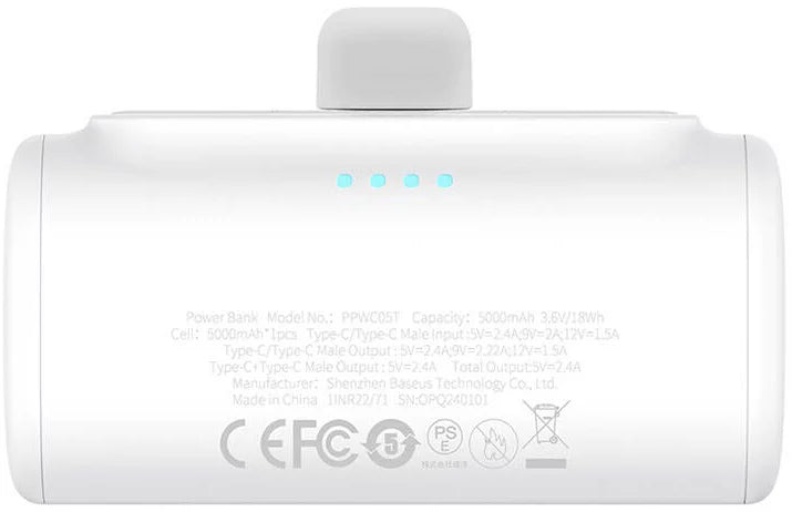 Външна батерия Baseus Compact, 5000mAh, 20W, PD, 2 x USB-C, Бяла P10068306213-00