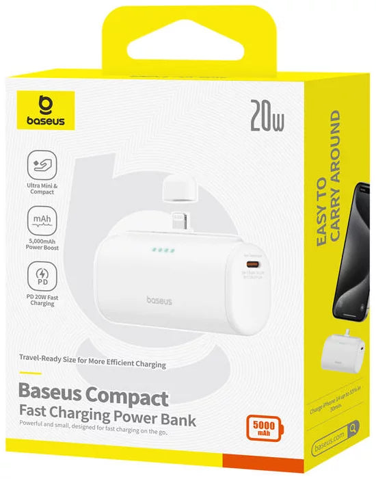 Външна батерия Baseus Compact, 5000mAh, 20W, PD, 1 x Lightning - 1 x USB-C, Бяла P10068307213-00