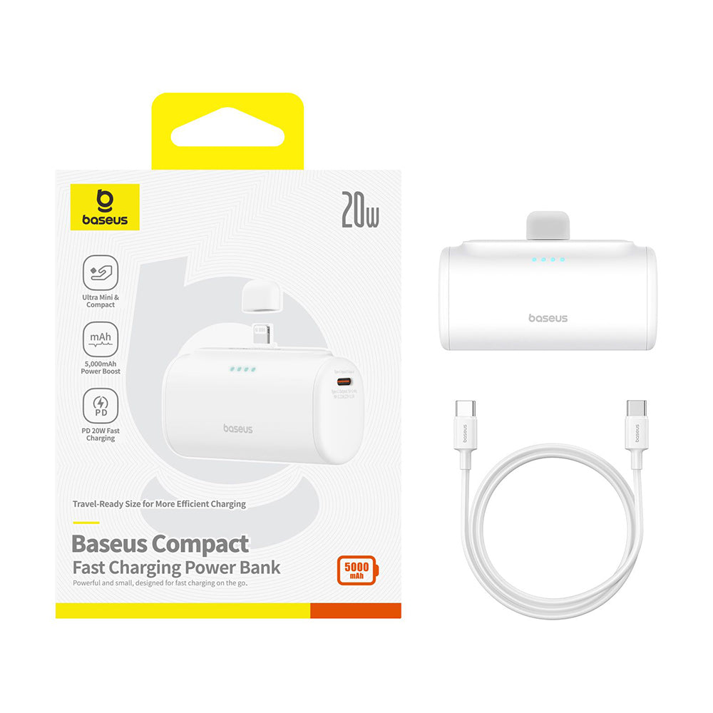 Външна батерия Baseus Compact, 5000mAh, 20W, PD, 1 x Lightning - 1 x USB-C, Бяла P10068307213-00