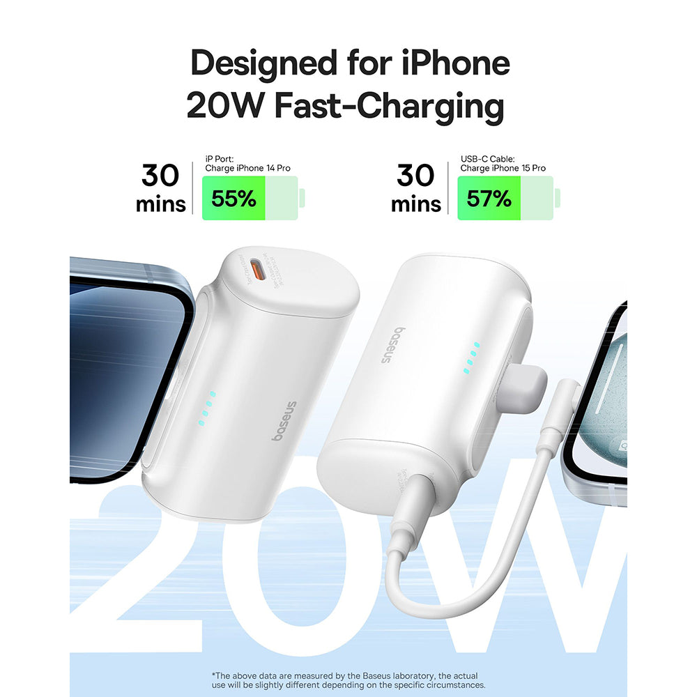 Външна батерия Baseus Compact, 5000mAh, 20W, PD, 1 x Lightning - 1 x USB-C, Бяла P10068307213-00