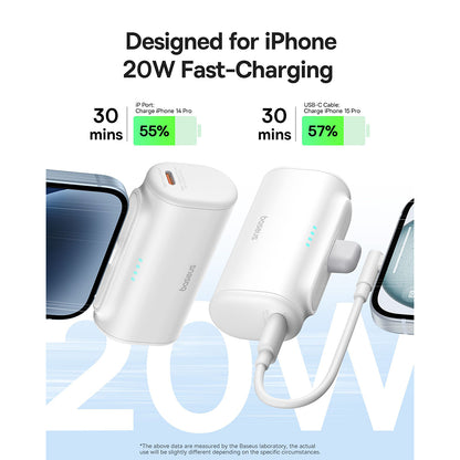 Външна батерия Baseus Compact, 5000mAh, 20W, PD, 1 x Lightning - 1 x USB-C, Бяла P10068307213-00