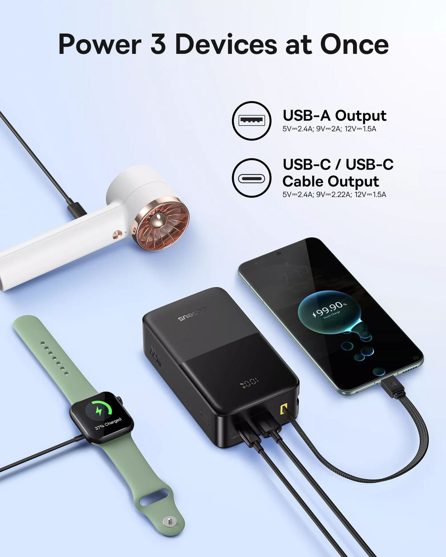 Външна батерия Baseus EnerFill Bipow2 Pro, 30000mAh, 22.5W, QC + PD, 1 x USB-A - 2 x USB-C, Черна E0028100