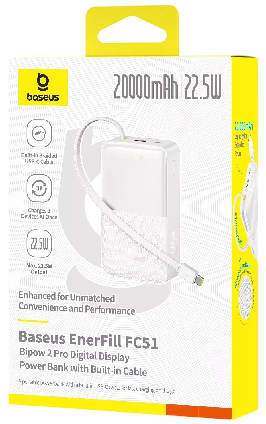 Външна батерия Baseus EnerFill Bipow2 Pro, 20000mAh, 22.5W, QC + PD, 1 x USB-A - 2 x USB-C, Бяла E0027700