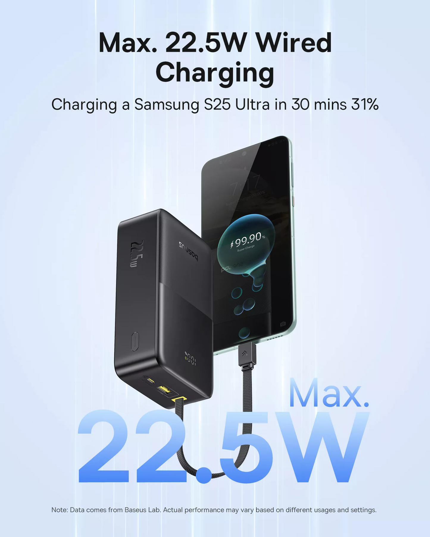 Външна батерия Baseus EnerFill Bipow2 Pro, 30000mAh, 22.5W, QC + PD, 1 x USB-A - 2 x USB-C, Черна E0028100