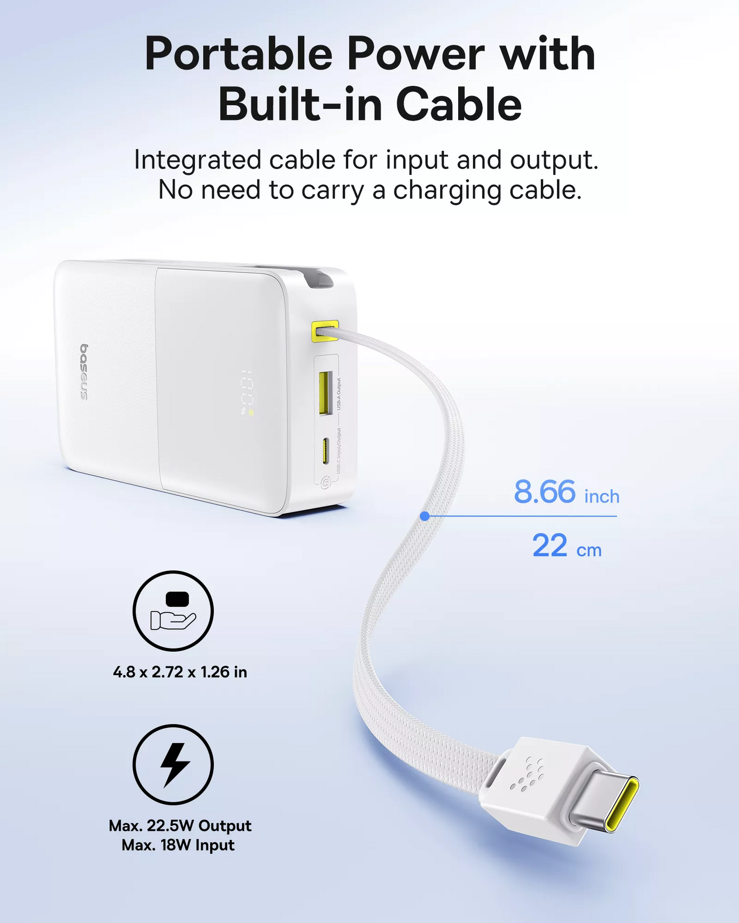 Външна батерия Baseus EnerFill Bipow2 Pro, 20000mAh, 22.5W, QC + PD, 1 x USB-A - 2 x USB-C, Бяла E0027700