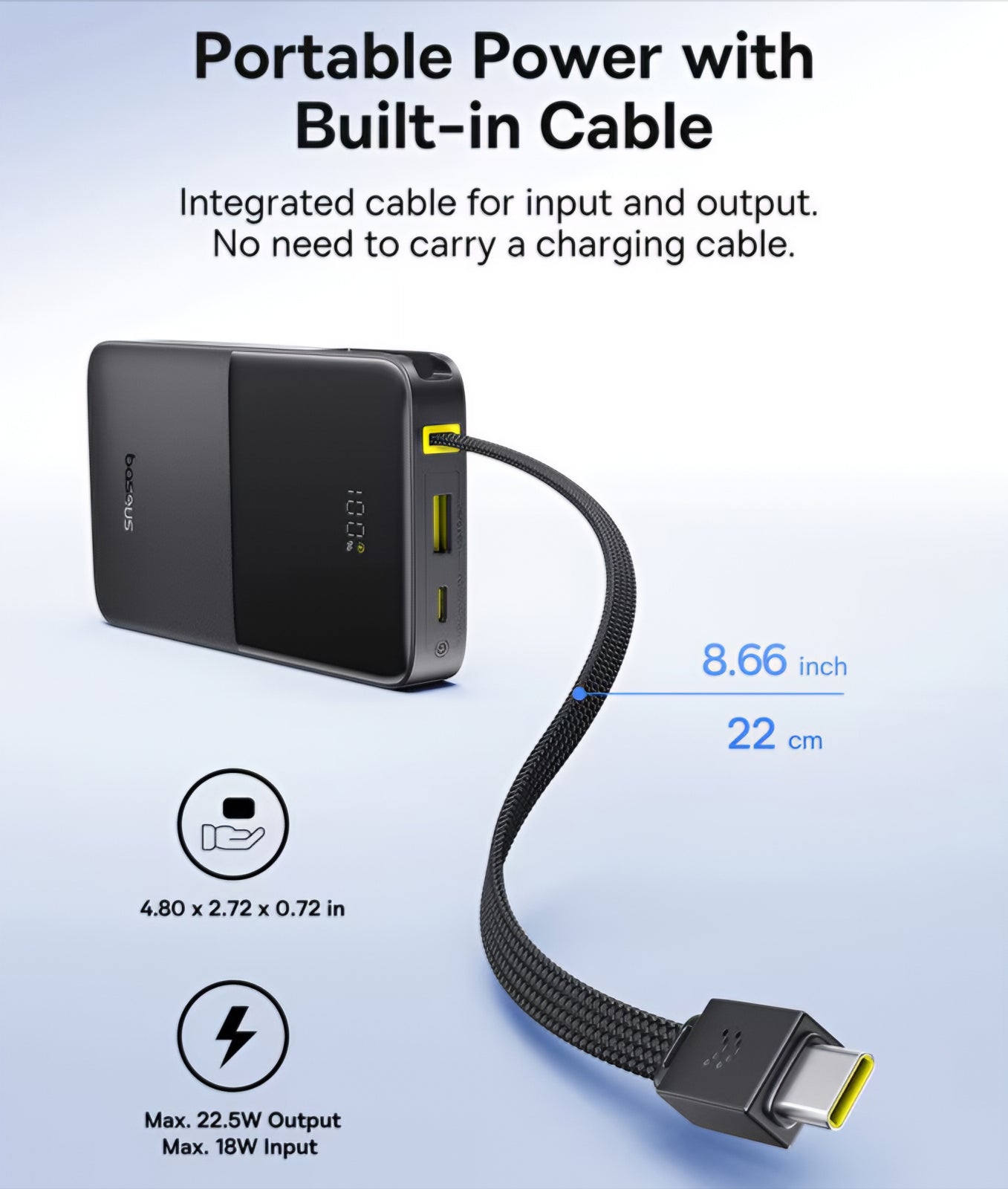 Външна батерия Baseus EnerFill Bipow2 Pro, 10000mAh, 22.5W, QC + PD, 1 x USB-A - 2 x USB-C, Черна E0027600