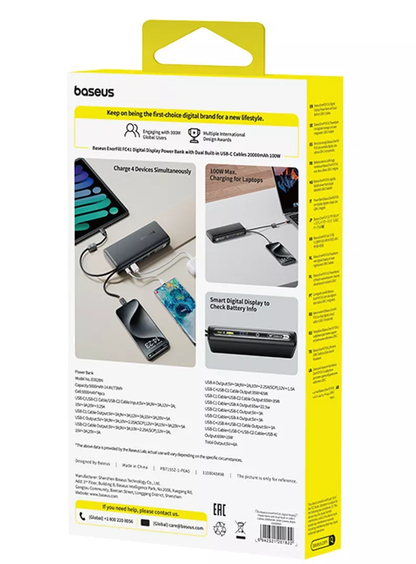 Външна батерия Baseus EnerFill FC41, 20000mAh, 100W, QC + PD, 1 x USB-A - 3 x USB-C, Черна E0028N03