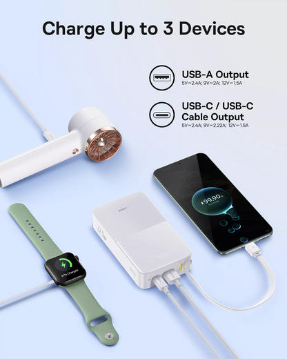 Външна батерия Baseus EnerFill Bipow2 Pro, 20000mAh, 22.5W, QC + PD, 1 x USB-A - 2 x USB-C, Бяла E0027700