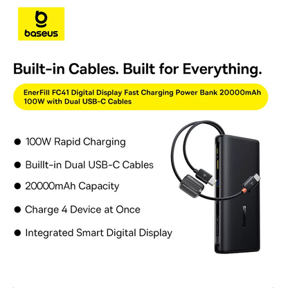 Външна батерия Baseus EnerFill FC41, 20000mAh, 100W, QC + PD, 1 x USB-A - 3 x USB-C, Черна E0028N03