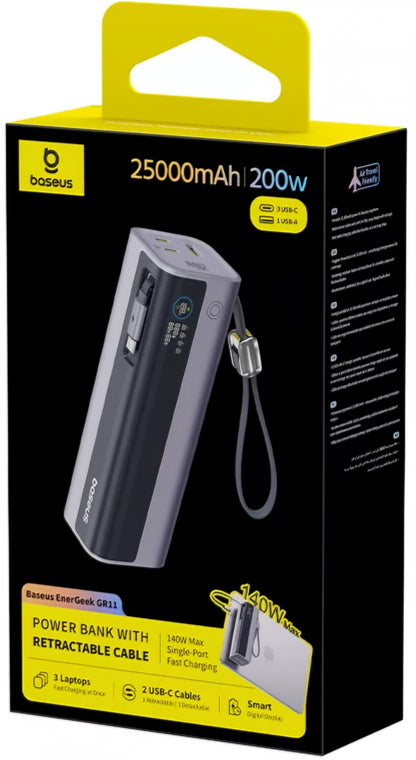 Външна батерия Baseus EnerGeek GR11, 25000mAh, 200W, QC + PD, 1 x USB-A - 3 x USB-C, Сив E0028Q00