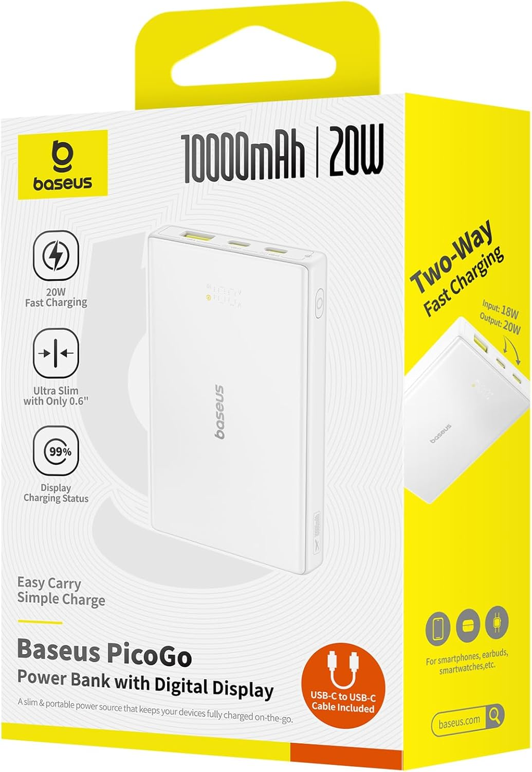 Външна батерия Baseus PicoGo, 10000mAh, 20W, QC + PD, 1 x USB-A - 2 x USB-C, Бяла P10076801213-00