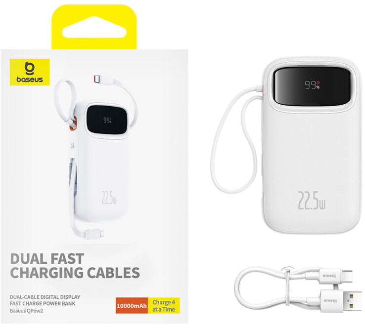 Външна батерия Baseus Qpow2, 10000mAh, 22.5W, QC + PD, 1 x Lightning - 1 x USB-A - 2 x USB-C, Бяла P10055003223-00