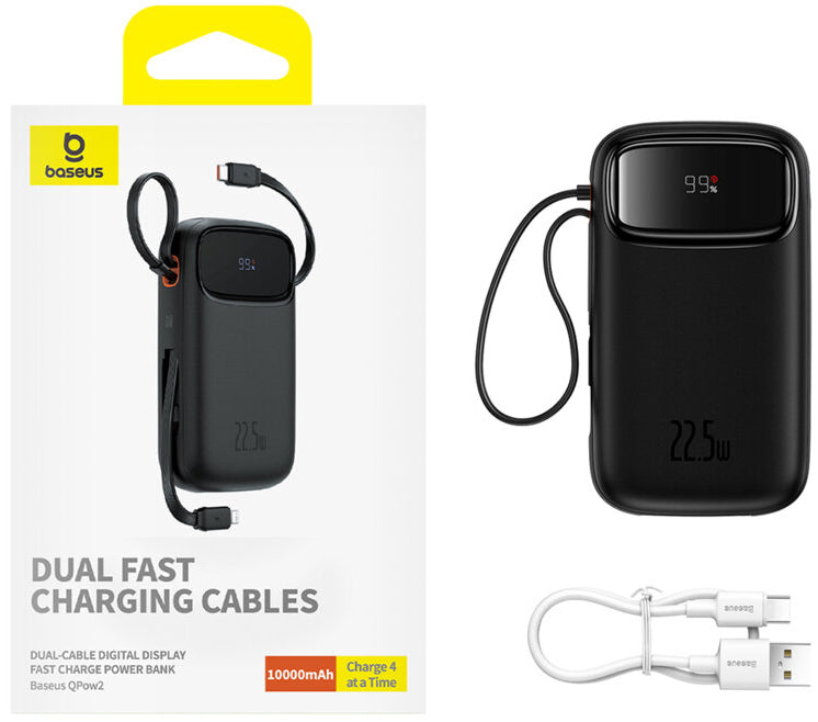 Външна батерия Baseus Qpow2, 10000mAh, 22.5W, QC + PD, 1 x Lightning - 1 x USB-A - 2 x USB-C, Черна P10055003113-00