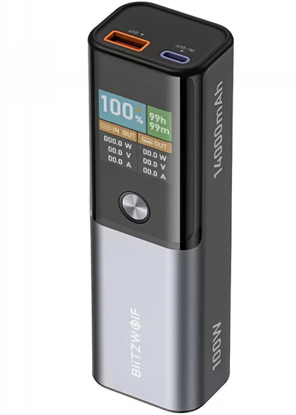 Външна батерия BlitzWolf BW-P23, 14000mAh, 100W, QC + PD, 1 x USB-A - 1 x USB-C, Сив