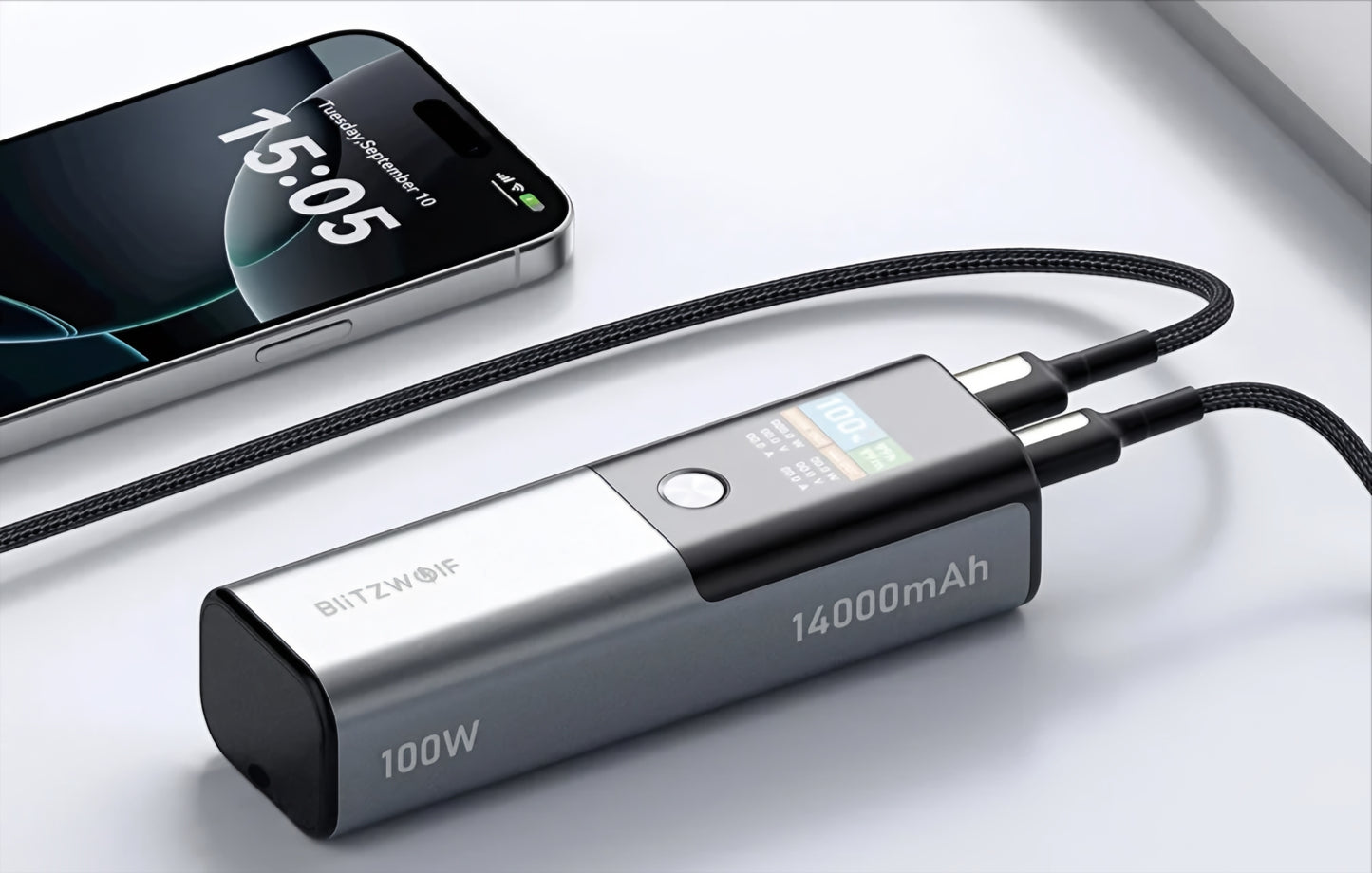 Външна батерия BlitzWolf BW-P23, 14000mAh, 100W, QC + PD, 1 x USB-A - 1 x USB-C, Сив