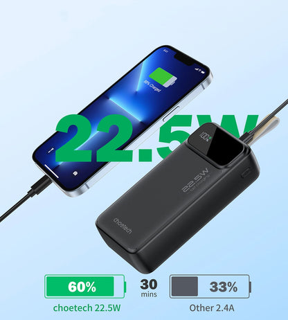 Choetech B730 Външна батерия, 30000mAh, 22,5W, QC + PD, 1 x USB-C - 2 x USB-A, черна 