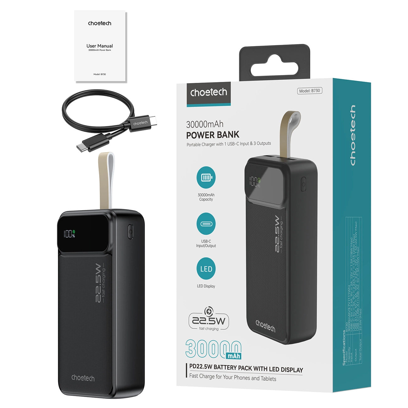 Choetech B730 Външна батерия, 30000mAh, 22,5W, QC + PD, 1 x USB-C - 2 x USB-A, черна 