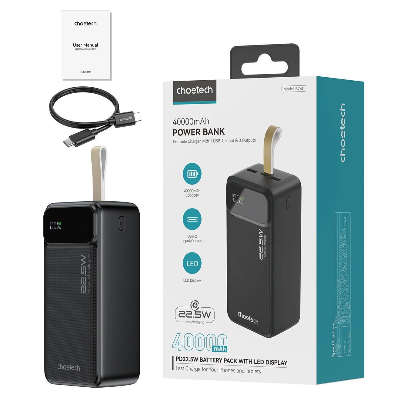 Choetech B731 Външна батерия, 40000mAh, 22,5W, QC + PD, 1 x USB-C - 2 x USB-A, черна 