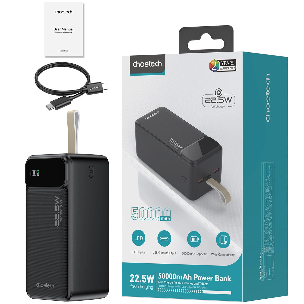 Външна батерия Choetech B732, 50000mAh, 22,5W, QC + PD, 1 x USB-C - 2 x USB-A, черна 