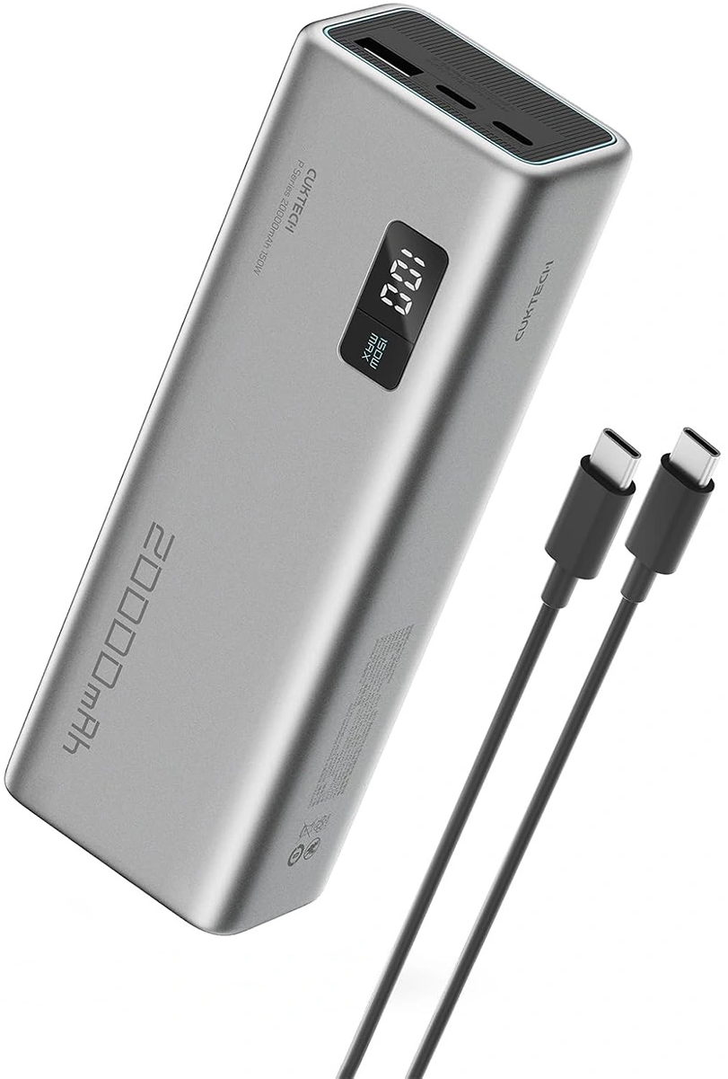 Външна батерия Cuktech P+ No.15, 20000mAh, 150W, QC + PD, 1 x USB-A - 2 x USB-C, Сив CUKPB200GLBK