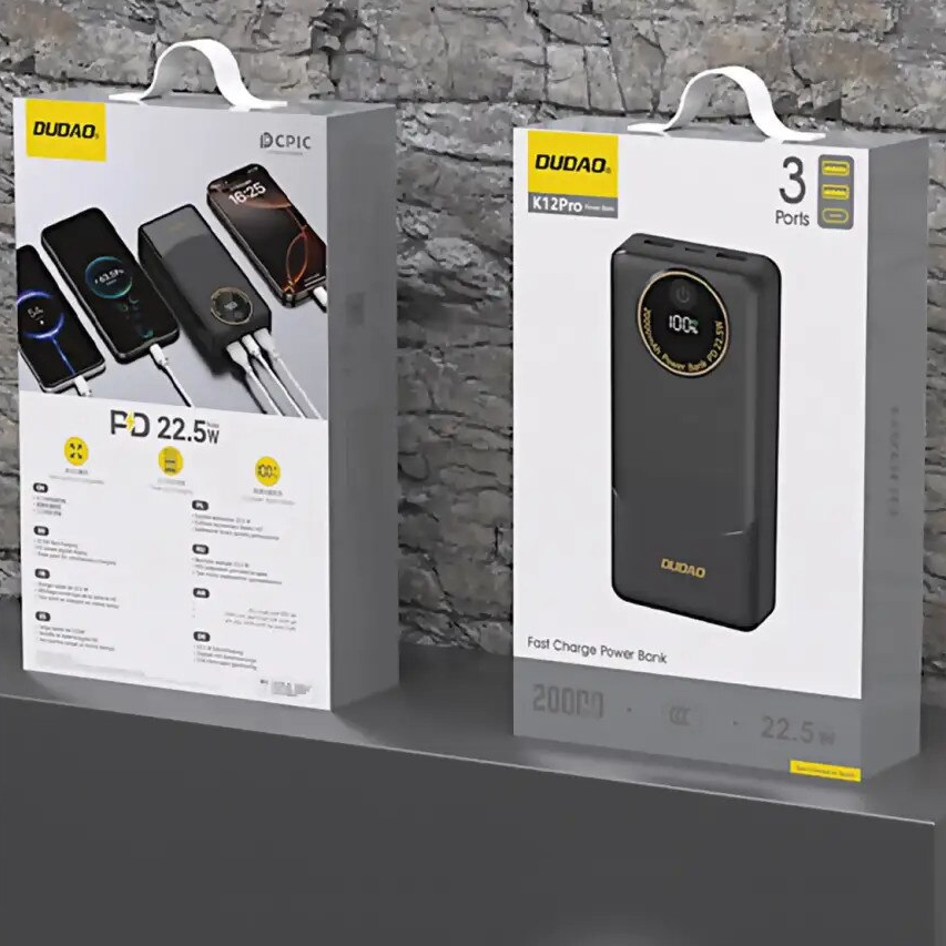 Външна батерия Dudao K12, 10000mAh, 22.5W, QC + PD, 1 x USB-C - 2 x USB-A, Черна
