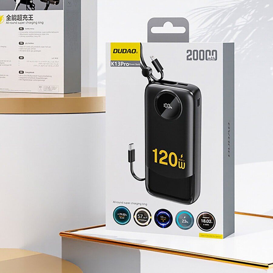 Външна батерия Dudao K13, 10000mAh, 22.5W, QC + PD, 1 x Lightning - 1 x USB-A - 2 x USB-C, Черна