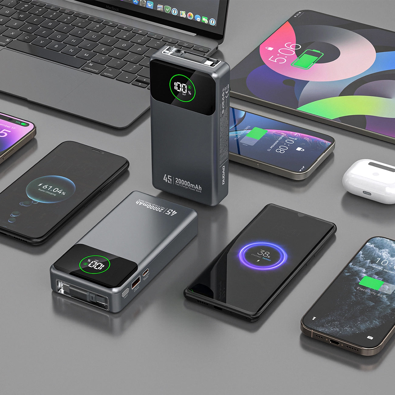 Външна батерия Dudao K31 Pro, 20000mAh, 45W, QC + PD, 1 x USB-A - 2 x USB-C, Сив