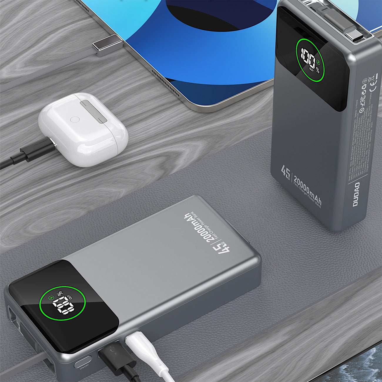 Външна батерия Dudao K31 Pro, 20000mAh, 45W, QC + PD, 1 x USB-A - 2 x USB-C, Сив