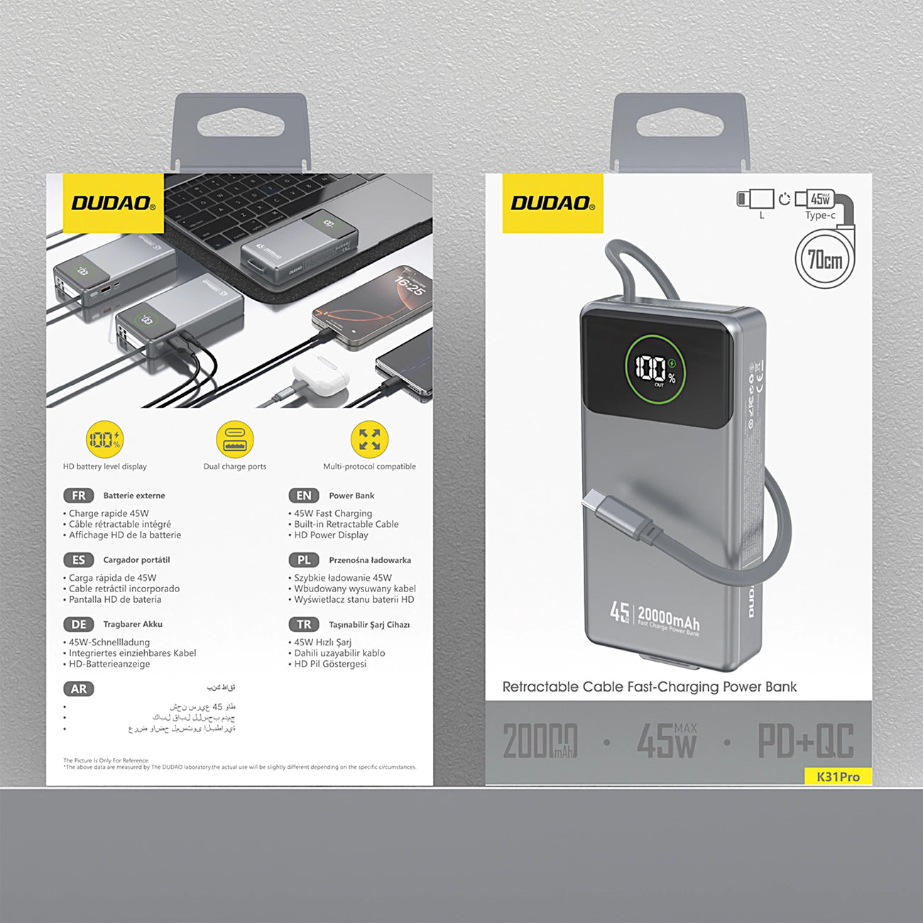 Външна батерия Dudao K31 Pro, 20000mAh, 45W, QC + PD, 1 x USB-A - 2 x USB-C, Сив
