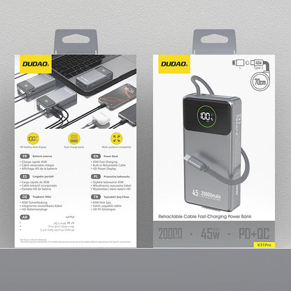 Външна батерия Dudao K31 Pro, 20000mAh, 45W, QC + PD, 1 x USB-A - 2 x USB-C, Сив