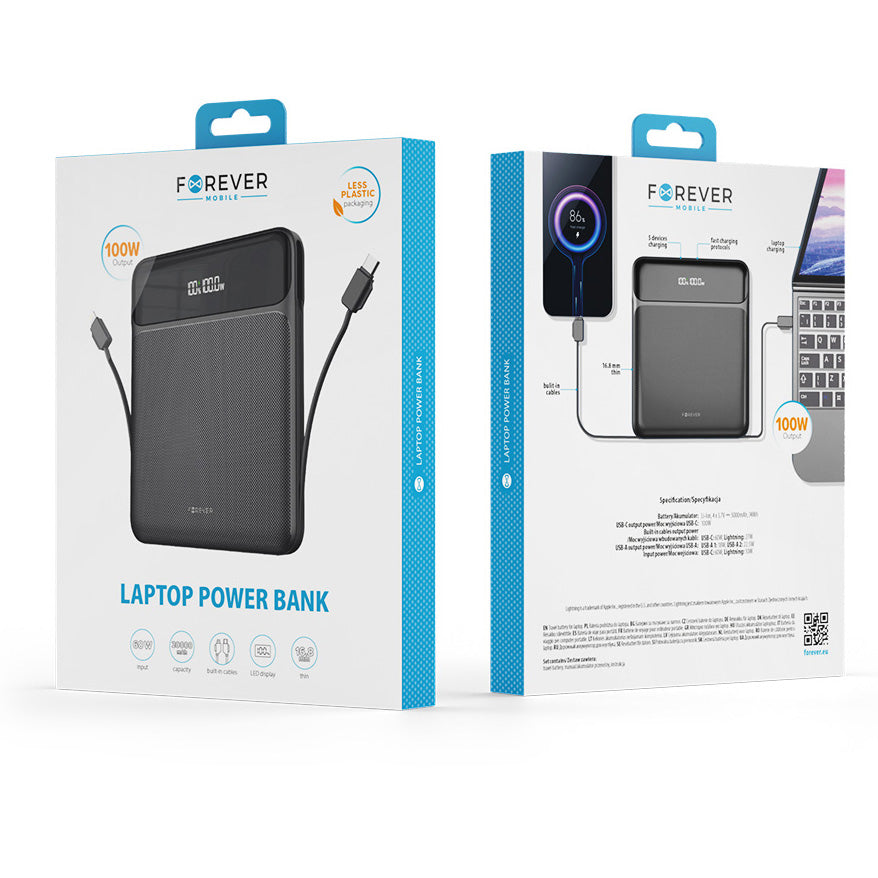 Forever TB-200 Външна батерия, 20000mAh, 100W, QC + PD, 1 x Lightning - 2 x USB-C - 2 x USB-A, черна