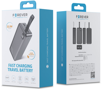 Външна батерия Forever TB-300XL, 30000mAh, 22.5W, QC + PD, 1 x USB-C - 2 x USB-A, черна