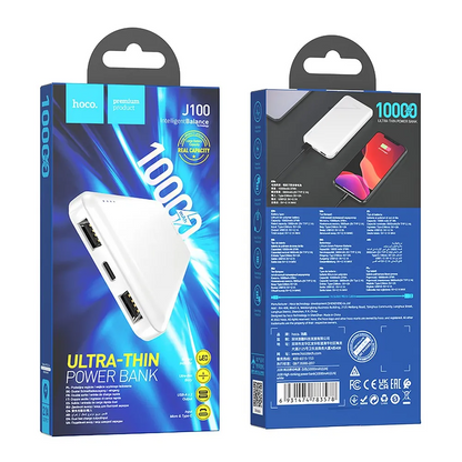 Външна батерия HOCO J100, 10000mAh, 10W, 2 x USB-A, Бяла