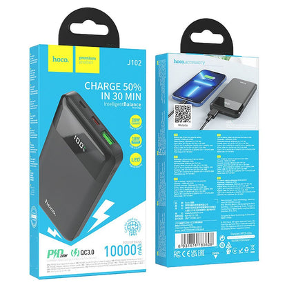 Външна батерия HOCO J102, 10000mAh, 20W, QC + PD, 1 x USB-A - 1 x USB-C, Черна