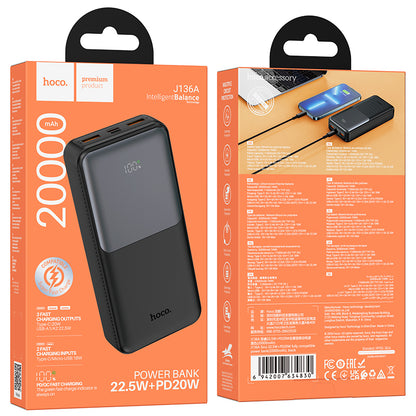 Външна батерия HOCO J136A, 20000mAh, 22.5W, QC + PD, 1 x USB-C - 2 x USB-A, Черна