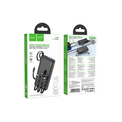 Външна батерия HOCO J146, 10000mAh, 10W, 1 x Lightning - 1 x microUSB - 1 x USB-A - 1 x USB-C, Черна