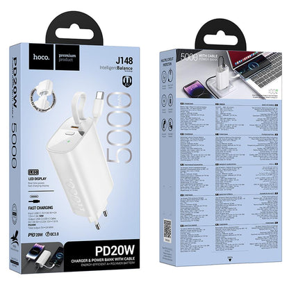 Външна батерия HOCO J148 2 в 1, 5000 mAh, 20 W, PD, 2 x USB-C, бяла