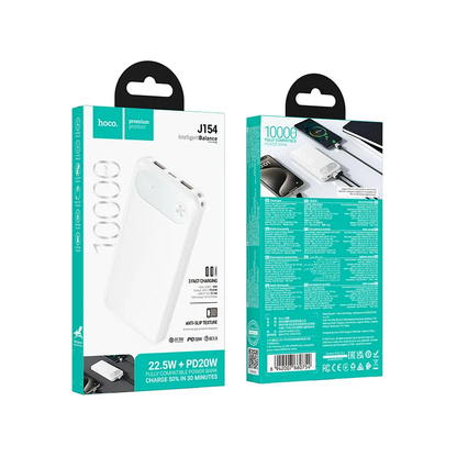 Външна батерия HOCO J154, 10000mAh, 22.5W, QC + PD, 1 x USB-C - 2 x USB-A, Бяла