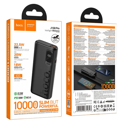 Външна батерия HOCO J158 Pro, 10000mAh, 22.5W, QC + PD, 1 x USB-C - 2 x USB-A, Черна