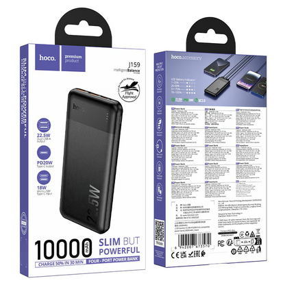 HOCO J159 Essence External Battery, 10000mAh, 22.5W, QC + PD, 1 x USB-C - 2 x USB-A, Black