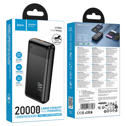 HOCO J159A Essence Power Bank, 20000mAh, 22.5W, QC + PD, 1 x USB-C - 2 x USB-A, Black