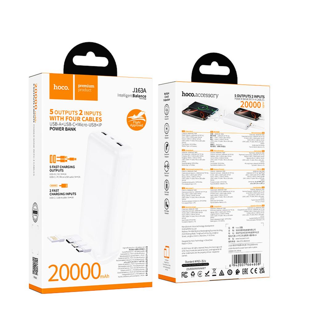 Външна батерия HOCO J163A, 20000mAh, 10W, 1 x Lightning - 1 x microUSB - 1 x USB-C - 2 x USB-A, бяла