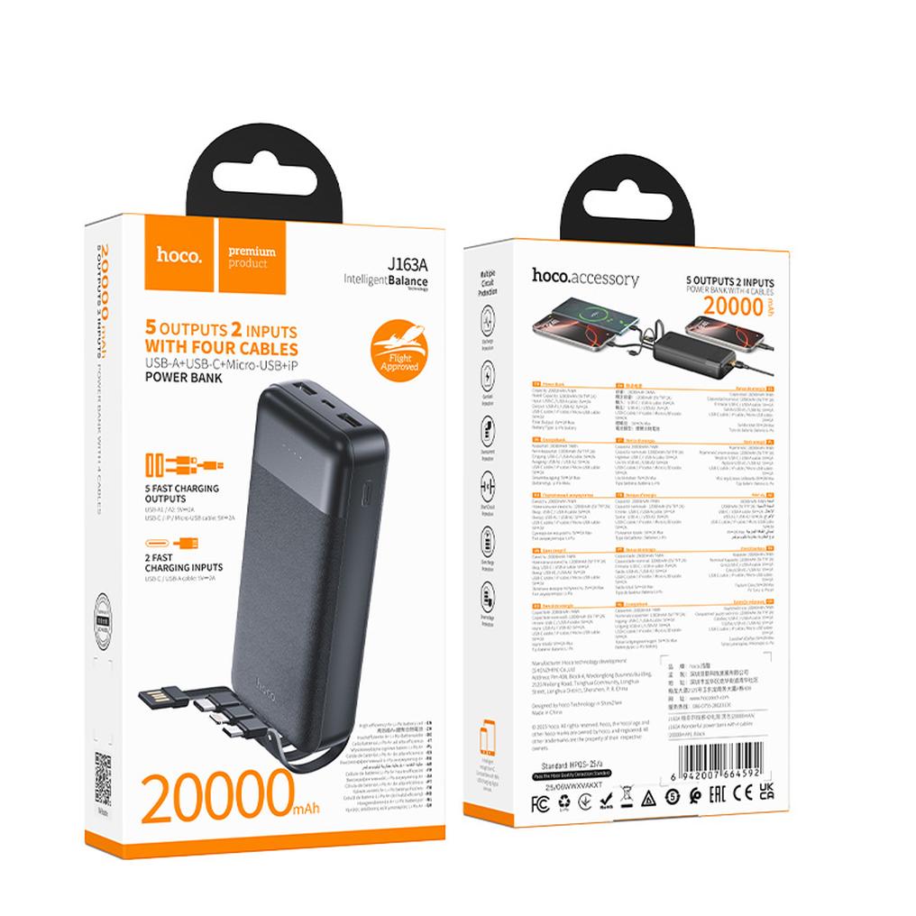 Външна батерия HOCO J163A, 20000mAh, 10W, 1 x Lightning - 1 x microUSB - 1 x USB-C - 2 x USB-A, черна