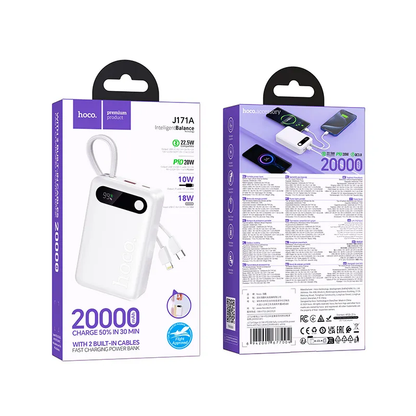 Външна батерия HOCO J171A, 20000mAh, 22.5W, QC + PD, 1 x Lightning - 1 x USB-A - 2 x USB-C, Бяла