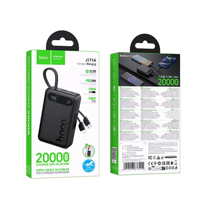 Външна батерия HOCO J171A, 20000mAh, 22.5W, QC + PD, 1 x Lightning - 1 x USB-A - 2 x USB-C, Черна
