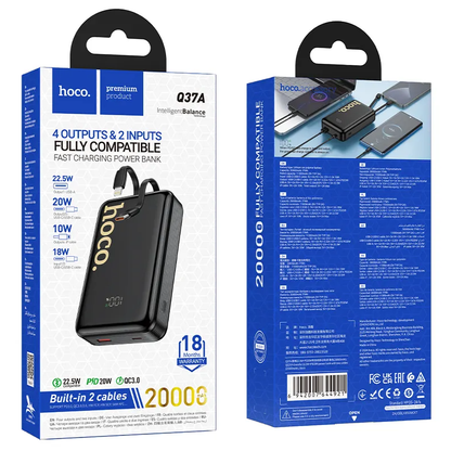 Външна батерия HOCO Q37A, 20000mAh, 22.5W, QC + PD, 1 x Lightning - 1 x USB-A - 2 x USB-C, Черна