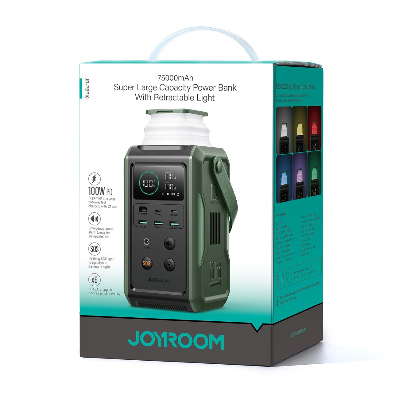 Външна батерия Joyroom JR-PBF10, 75000mAh, 100W, QC + PD, 3 x USB-A - 3 x USB-C, Зелена